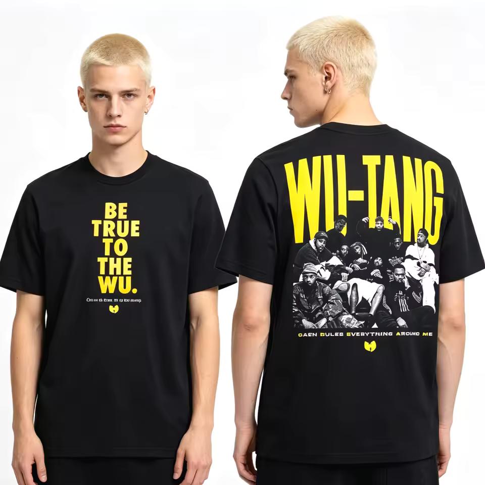 Wu‑Tang Clan Будь верен WU Двусторонняя печать Футболка Ретро Hip‑Hop Групповое фото Футболка Y2K Мужчины Женщины Готический Хлопковые Футболки