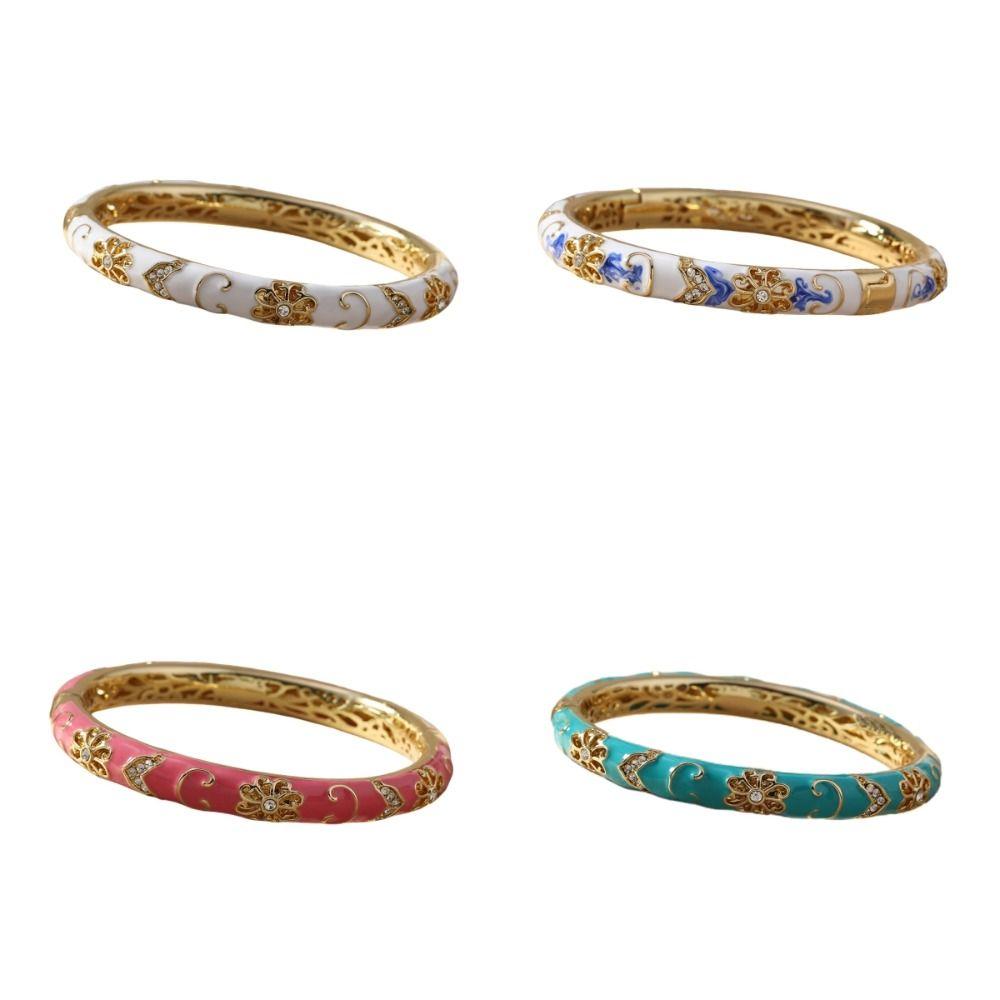 Браслет-открытие со стразами и эмалью Цветочный металлический браслет на руку Китайский браслет-перегородчатая эмаль Чонсам