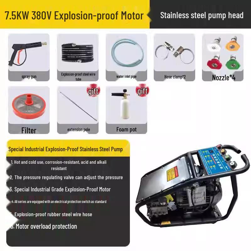 Black Cat 3kW High-Pressure Explosion-Proof Hot Water Car Washer with Stainless Steel Pump, 380V Three-Phase Industrial Motor.