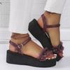 Women Sandals New  Summer Chunky Platform Shoes Women Soft Leather Medium Heels Sandals Women Floral Cutout Beach Sandals