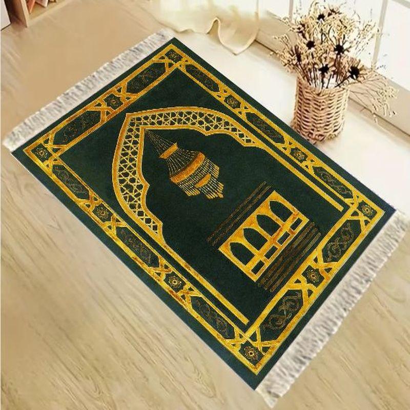 Velvet Muslim Salat Mat Luxury Golden Ornate Kaaba Design Portable Anti Slip Prayer Rug Eid Mubarak Home Gift