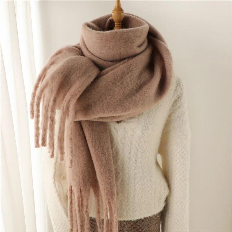Winter Scarf Women Luxury Mohair Scarf Cashmere Warm Pashmina Solid Female Scarves Wraps Thick Soft Bufanda Big Tassels Shawl Long Stole Scarf