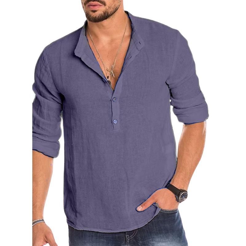 Spring Summer Men's Shirts Long Sleeve Loose Solid Color Cotton Linen Shirt Oversized Pull-up Sleeve Tops