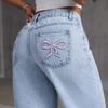 European and American Loose Light Blue Washed Wide Leg Bow Embroidered Jeans