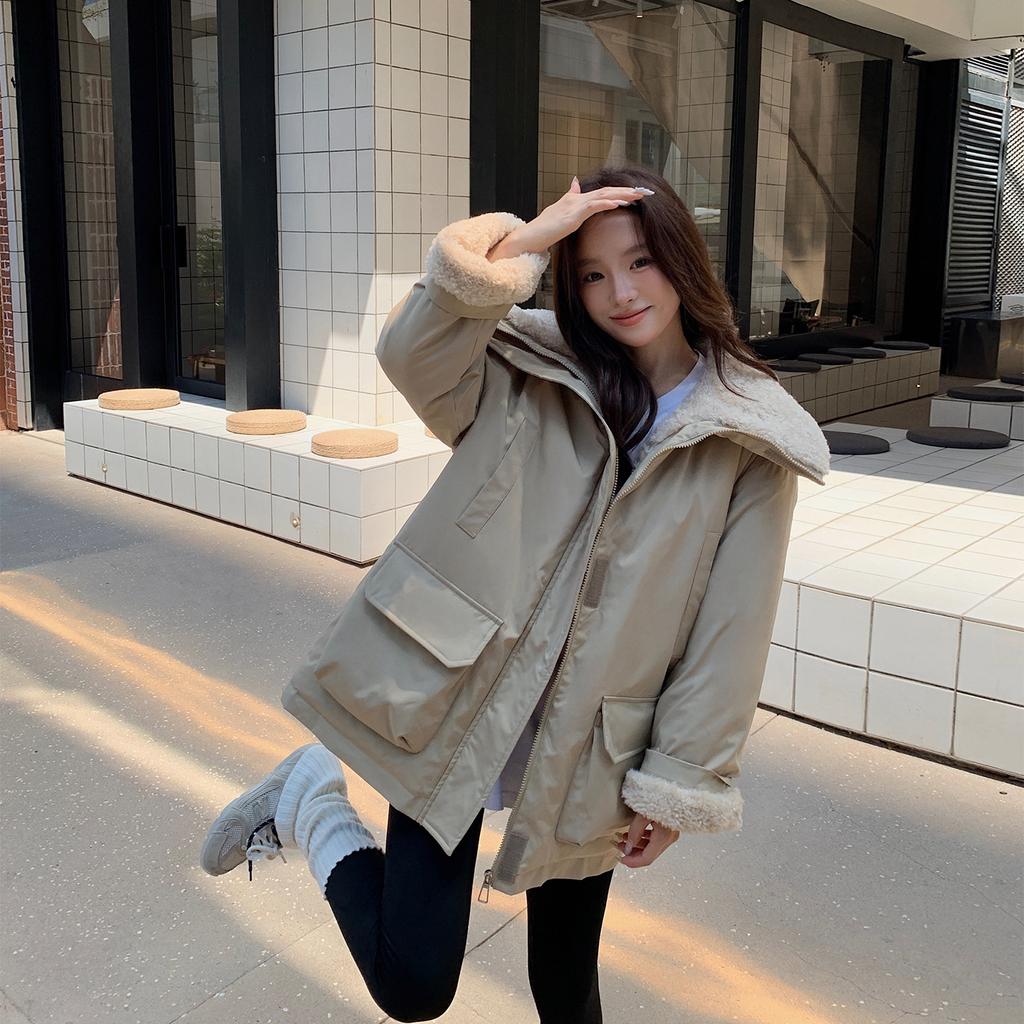 Большие лацканы Парки из утолщенной рабочей ткани с меховой подкладкой Женская куртка