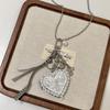 Bowknot Heart-shaped Mirror Necklace Long Chain Sweater Chain Sweet Heart Pendant Necklace  Women