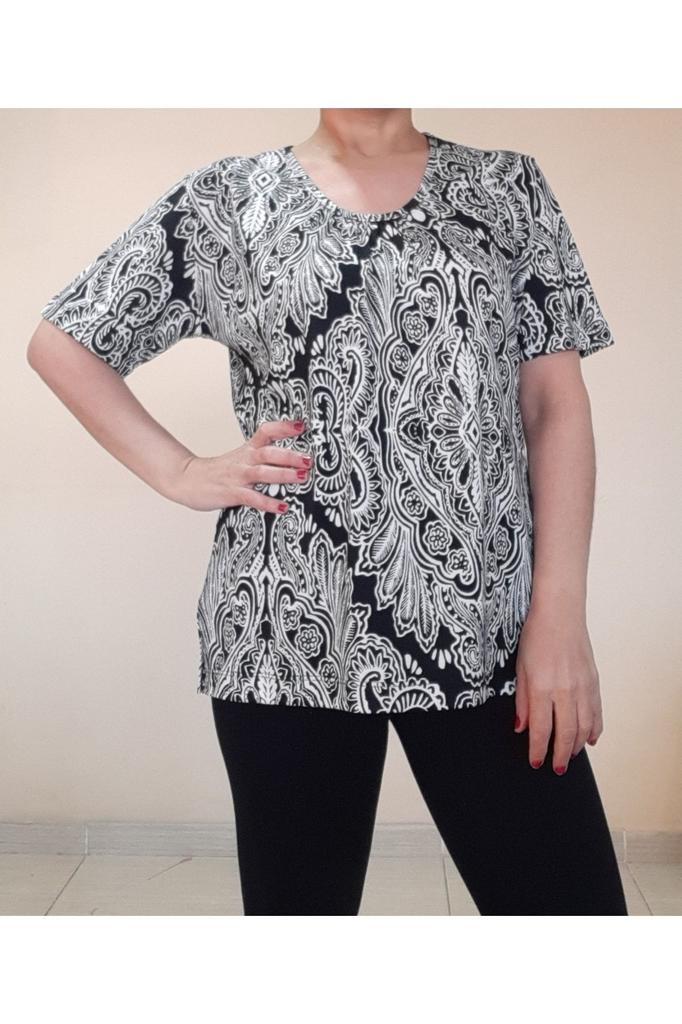 Женская стильная футболка большого размера, черно-белая футболка из чесаной вискозы с узором и присборенным воротником