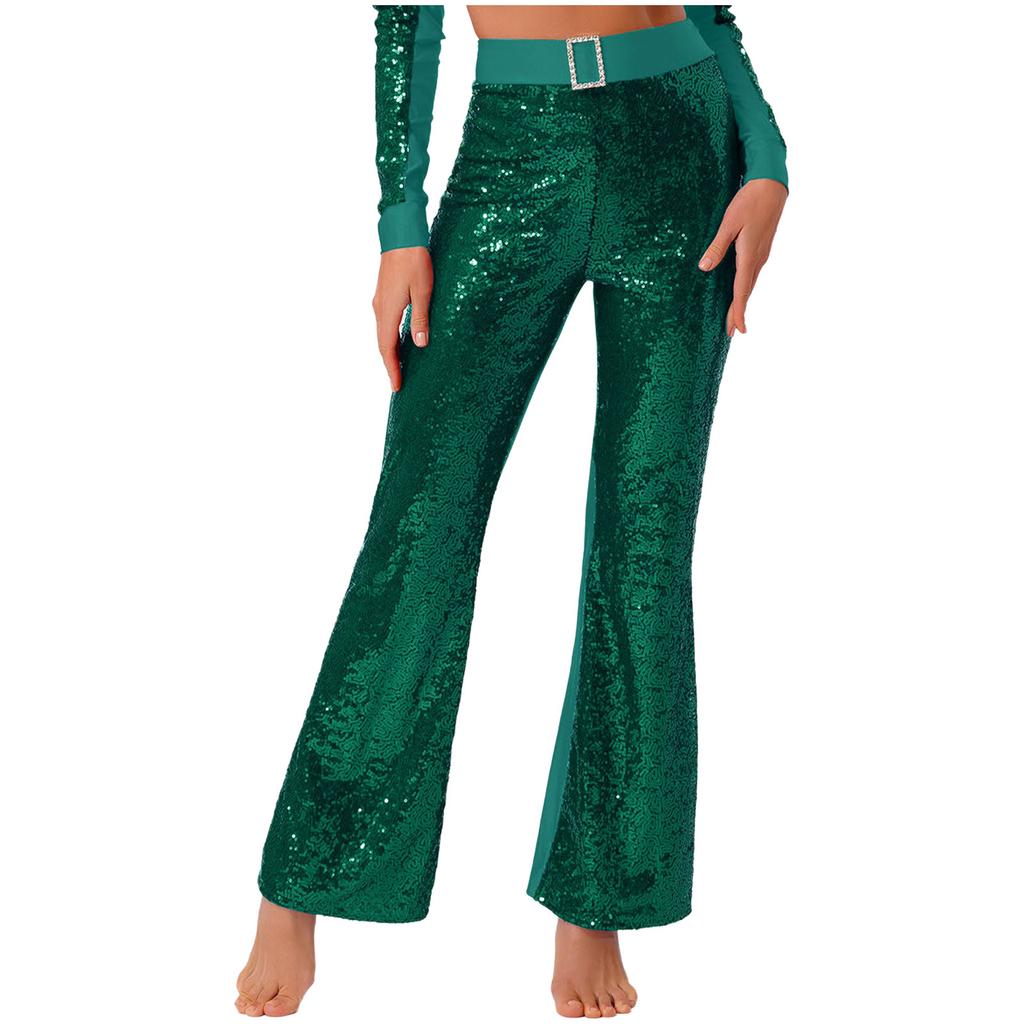 Womens Glittery Sequin Jazz Dance Pants Flared Design Elastic High Waist Rhinestone Decor Bell Bottom Trousers