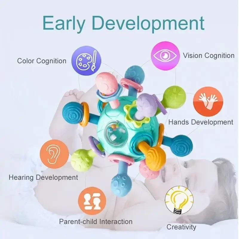 1 шт. детские игрушки 0-12 месяцев вращающийся мяч-погремушка хватательная активность детская развивающая игрушка силиконовый прорезыватель детские сенсорные игрушки для малышей