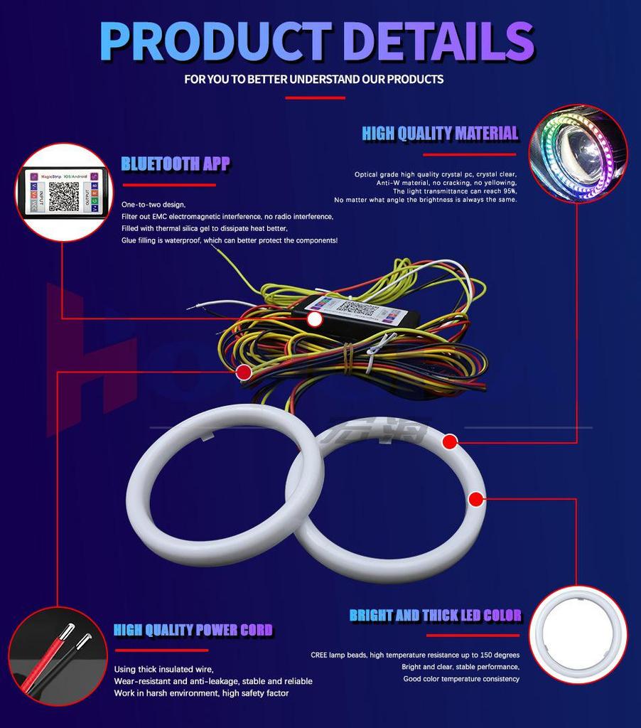 Светодиодные фары WANGHOI Angel Eye: Дневные ходовые огни с изменяемым цветом, управляемые по Bluetooth