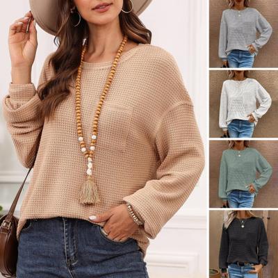 Женские топы с круглым вырезом и длинным рукавом, однотонная свободная футболка