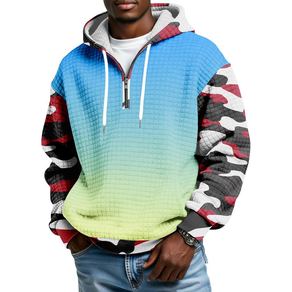 Мужской худи-пуловер в клетку с капюшоном на молнии до середины, со шнурком и принтом, повседневная спортивная толстовка