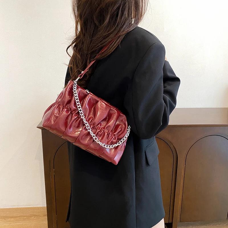 Женская сумка через плечо из ПУ, однотонная, плиссированная, с цепочной строчкой на молнии, универсальные сумки через плечо