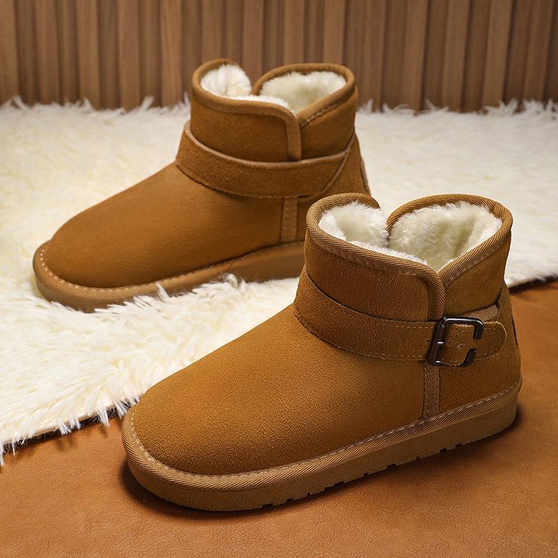 Ботинки из натуральной кожи с пряжкой - Мужские и женские зимние плюшевые подкладки, Нескользящие, Утепленные хлопковые слипоны.
