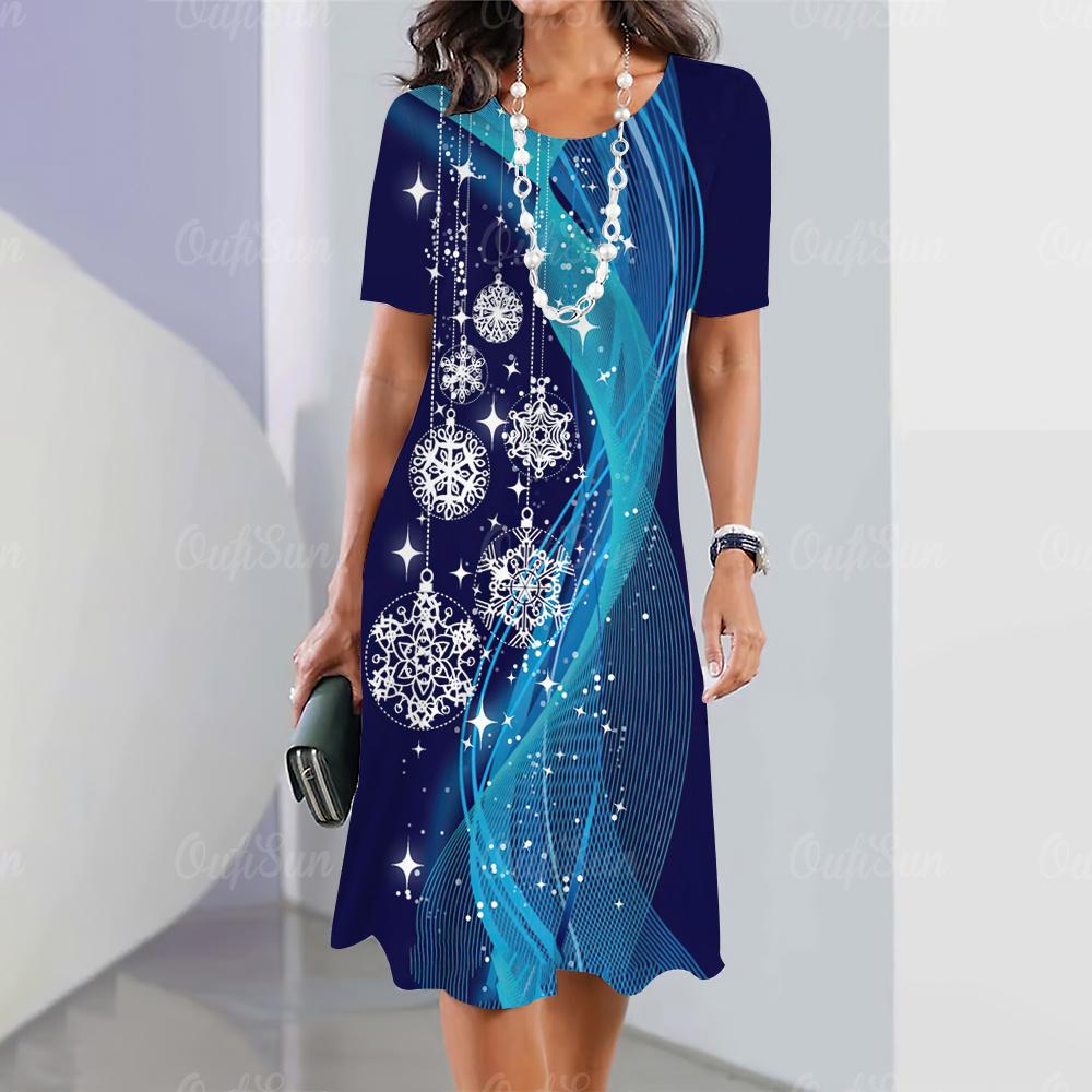 Nuevos Vestidos de Mujer Vestidos Vintage Navidad Starlight Impreso Повседневное Manga Corta 2023 Moda Mujeres Плюс Размер Ropa Y2K