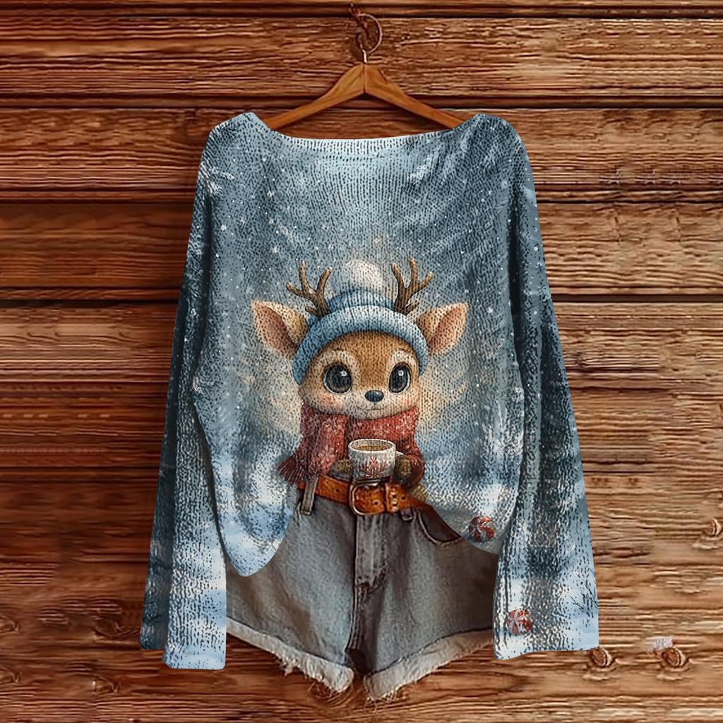 Women's Christmas Print Lightweight Sweater Casual Long Sleeve Knitted Pullover