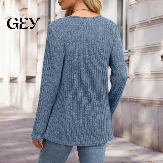 Women Ribbed Top Long Sleeve Top, Loose Casual Blouse with Button, Solid Vertical Striped Tops Color Crew Neck Pullover ShCrew irt for Spring