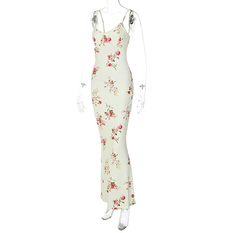 Floral Print Strap Midi Dress for Women Bodycon Sexy Party Clothes Summer Long Dress Y2K Clothes Evening Holiday