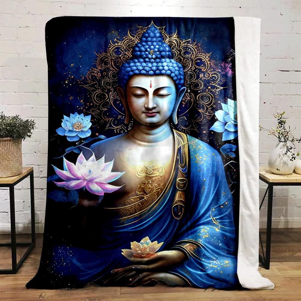 Golden intricate designs surround a serene figure holding lotus flowers. for all seasons blanket lunch break throw gift