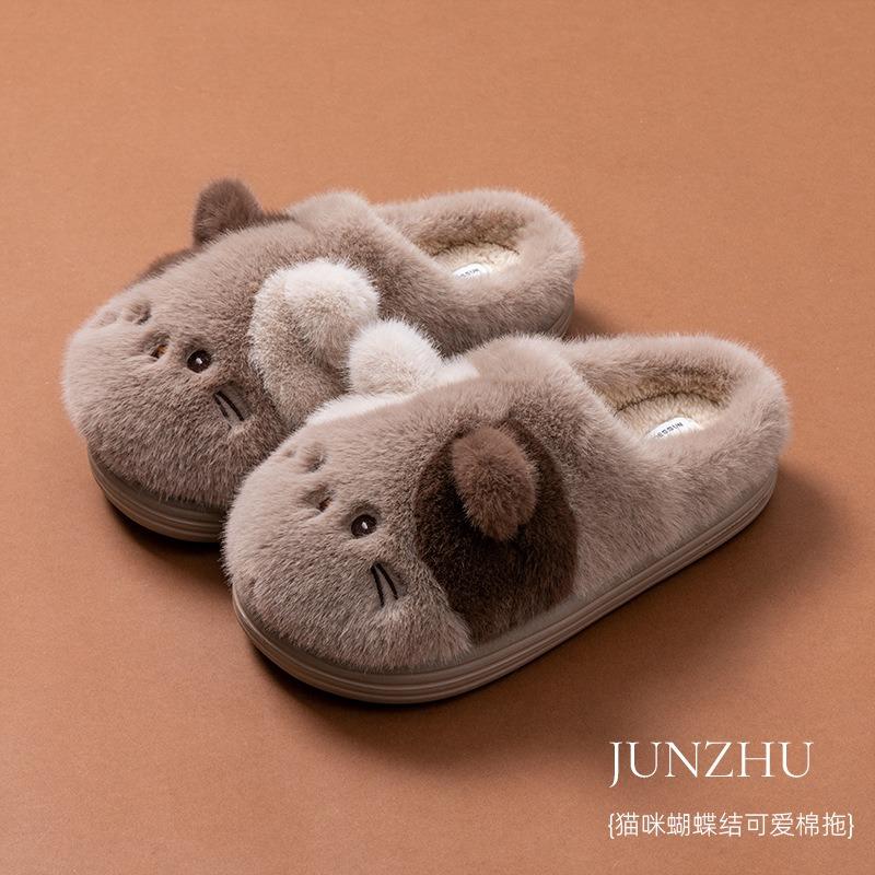 Новые мультяшные хлопковые тапочки с кошкой, домашние плюшевые тапочки для помещений, нескользящие теплые домашние хлопковые тапочки