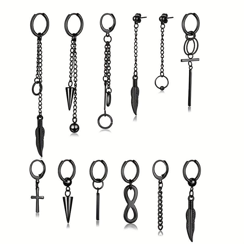 2pcs/set Black Or Silvery Unisex Punk Stainless Steel Cross Cone Feather Chain Pendant Hoop Earrings Ear Stud Jewelry Set