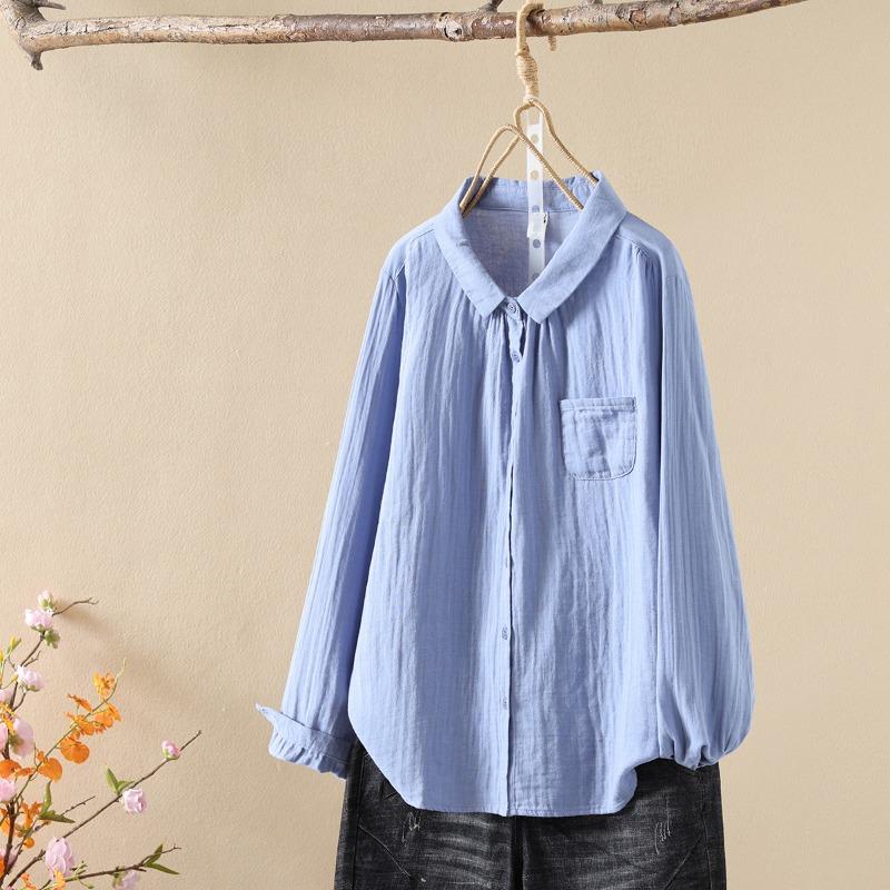 Двухслойная хлопковая пряжа с длинными рукавами, женская художественная рубашка с маленьким острым воротником, простая универсальная базовая рубашка, топ, блузки и рубашки