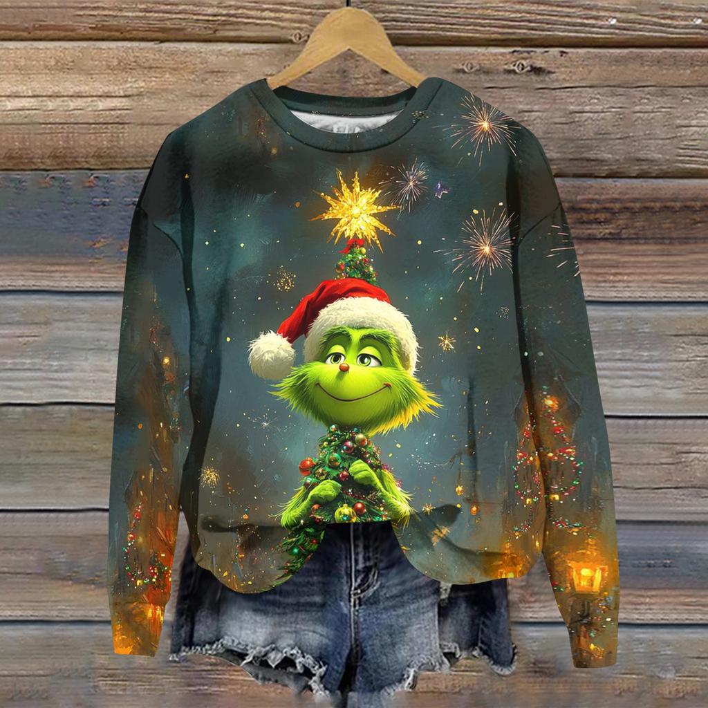 Ladies' Christmas Greentown Print Casual Long Sleeved Round Neck Sports Hoodie Top