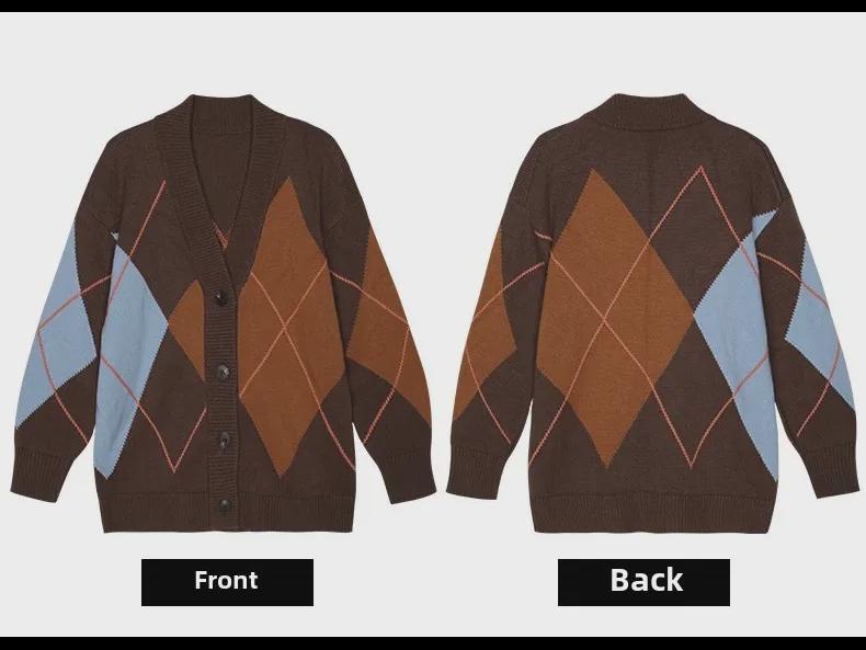 Hongshan Women's Brown V-Neck Diamond Pattern Wool Blend Cardigan Sweater