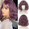 Short Wave Bob Hair with Bangs Purple Color Synthetic Fiber Daily Wear Cosplay Short Wavy Wig for Women