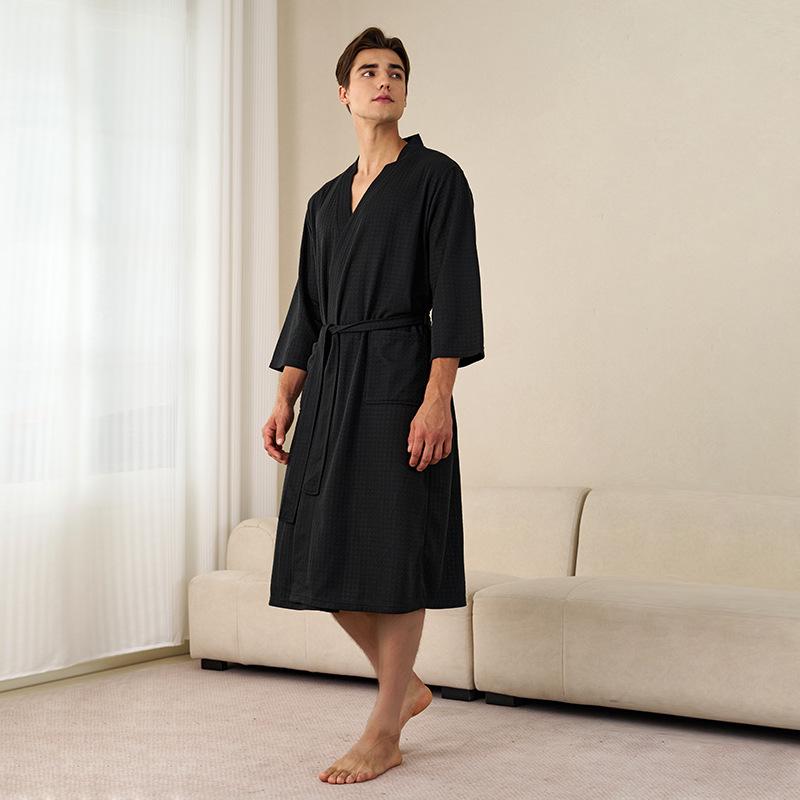 Spring-Summer Waffle Bathrobe: Unisex, Lightweight, 3/4 Sleeves, Korean Style, Absorbent