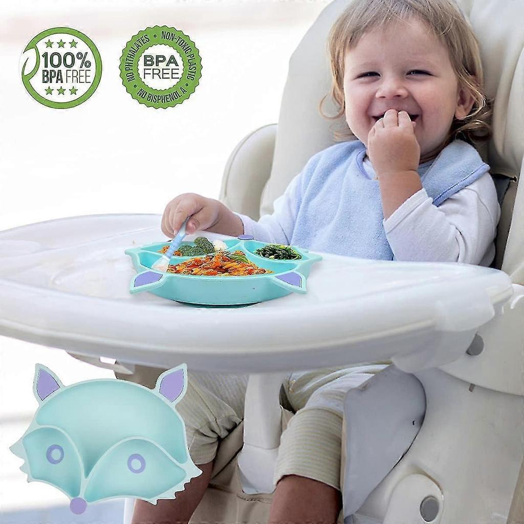 Silicone Baby Plate Suction Cup Non-slip Baby Plate Bpa Free With Spoons For Kids Dishwasher Safe Microwave Placemat High Chair (blue)