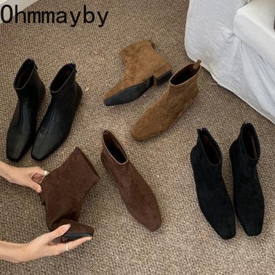 Винтажные замшевые женские эластичные облегающие полусапожки, повседневная обувь на низком каблуке, осенние женские туфли для вечеринок, современные ботильоны