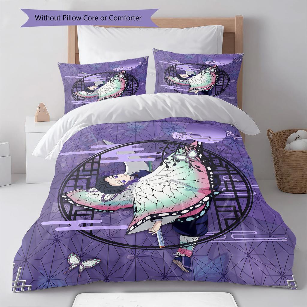 Demon Slayer Art Pattern Bedding Quilt Set Quilt Cover Pillowcase Home Birthday Gift(1 * duvet cover + 2 * pillowcase, without core)