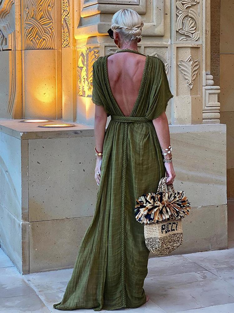 EDOLYNSA Элегантное женское платье знаменитостей с глубоким V-образным вырезом, вязаное плетеное веревочное летнее вечернее платье макси, туника, пляжная одежда, купальник, накидка A2848