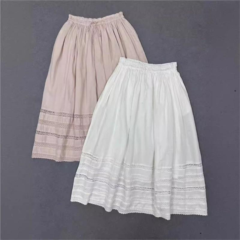 Johnature Лето Осень Японские кружевные панели Чистый Рами Эластичные юбки на завязках Свободные женские юбки Мори