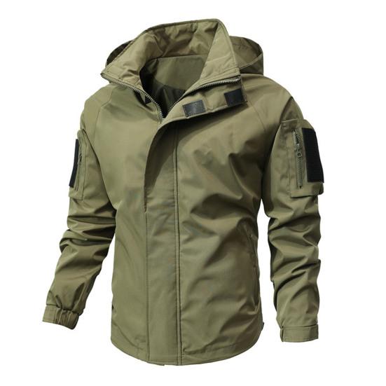 Men Casual Jacket Hooded Long Sleeve Windproof Jacket Multiple Pockets Full Zipper Closure Fastener Tape Trench Coat