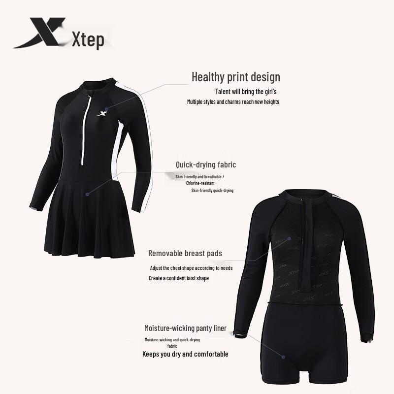 Xtep Женский цельный купальник с длинным рукавом и юбкой для защиты от солнца