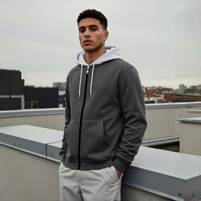 Men's Zip-Up Hoodie Sweatshirt Casual Fleece Jacket with Drawstring Hood Front Pockets Comfortable Streetwear for Autumn & Winter