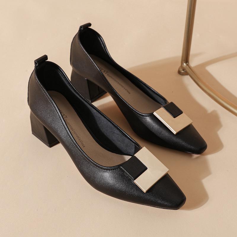 -Leather Thick Heel Single Shoes Women's Medium Heel High Heels French Temperament Soft Leather Nude Square Head Grandma Shoes Cm