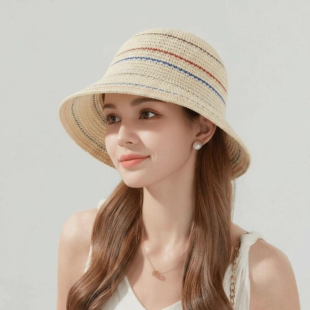 Hollow Out Knitted Bucket Hat Breathable Colorful Striped Fisherman Hat Vacation