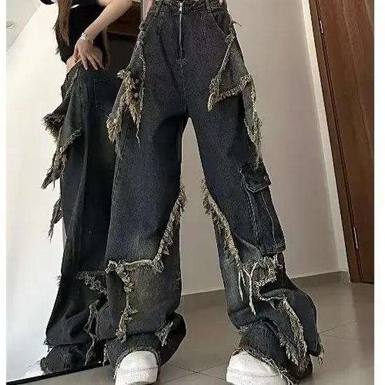 2023 High-Waisted Dark Retro Star Wide-Leg Jeans with Raw Edge and Loose Street Style