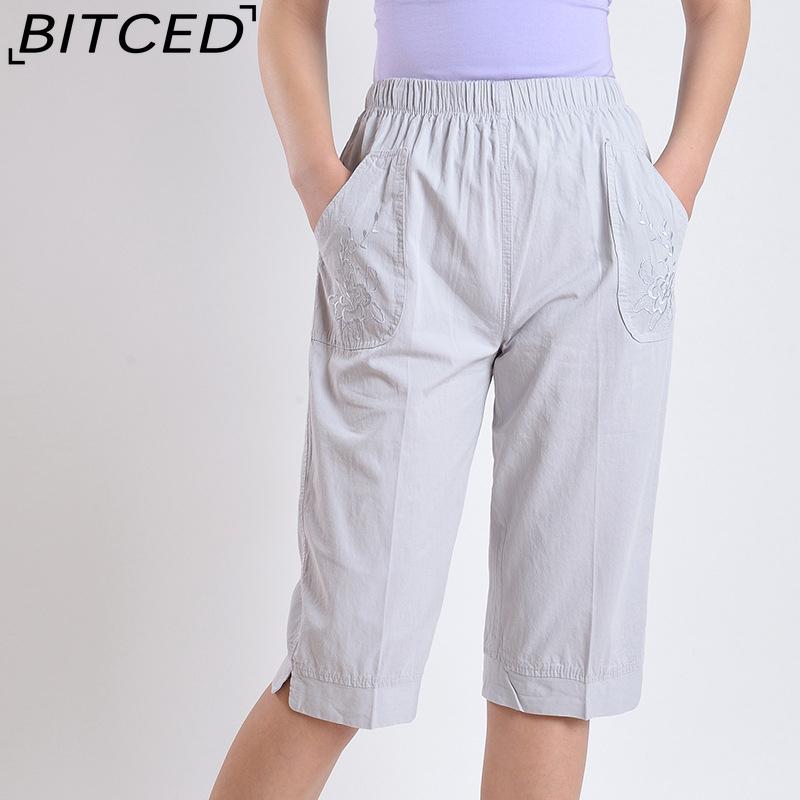 BITCED Летние женские брюки прямого кроя с эластичной талией, для женщин среднего и пожилого возраста, с высокой посадкой, из стираного хлопка, укороченные брюки больших размеров
