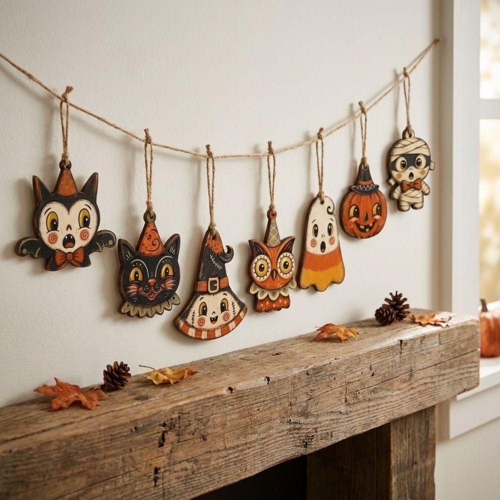 Trick or Treat Wooden Black Cat Ornament Owls Bat Hanging Decoration Holiday Party