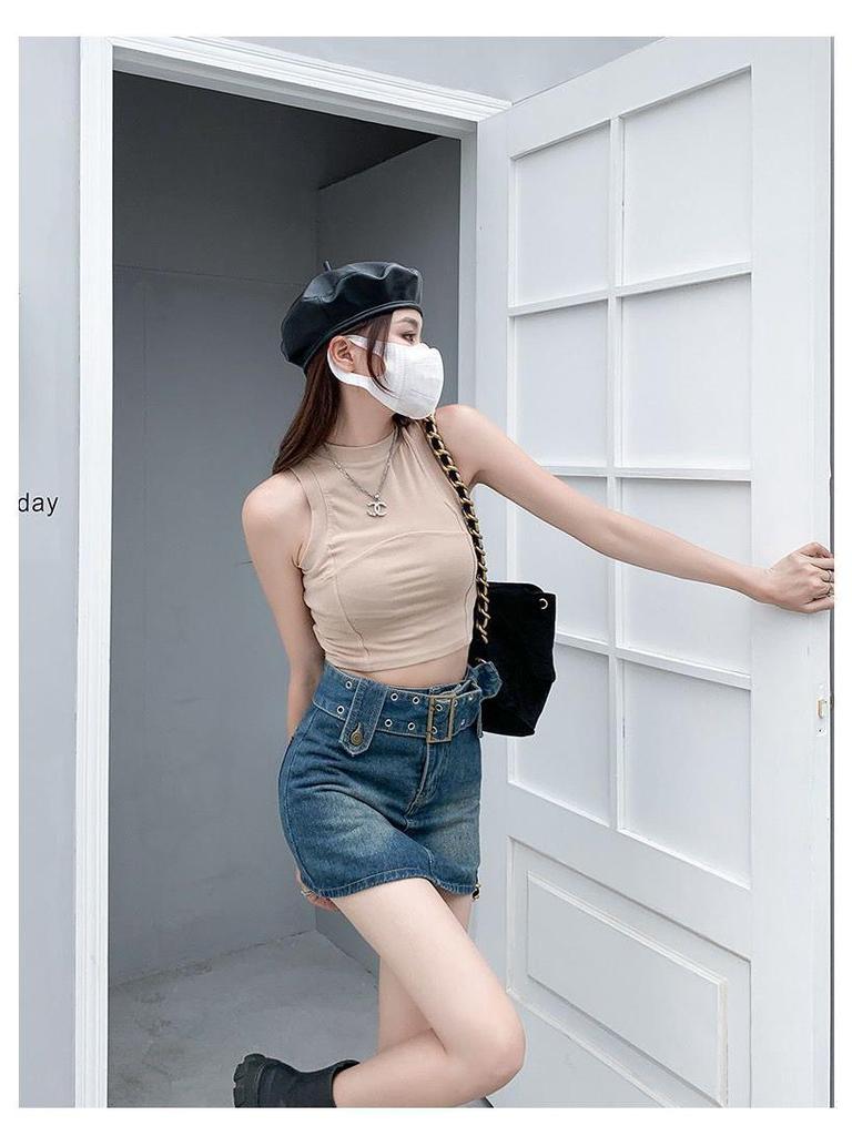 Korean Style Denim Mini Skort: Sweet & Spicy A-Line with Belt, Summer 2024 Fashion for Women