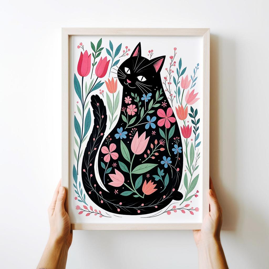 Plakat ilustracja kot w kwiatach