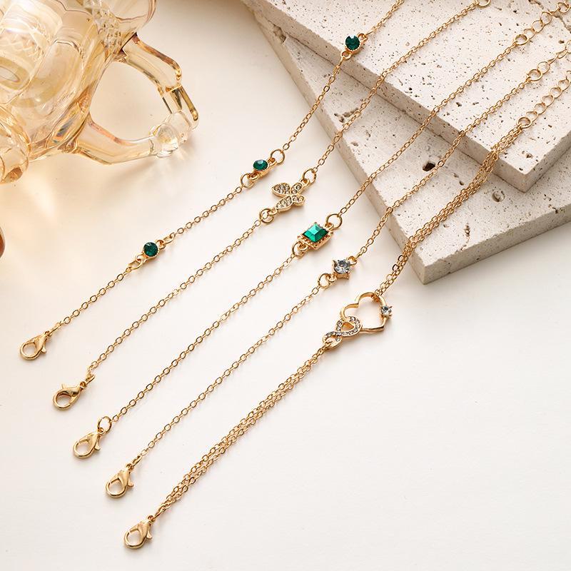 European & American Retro Green Diamond Bracelet Set: 5-Piece Square, Butterfly, and Love Designs