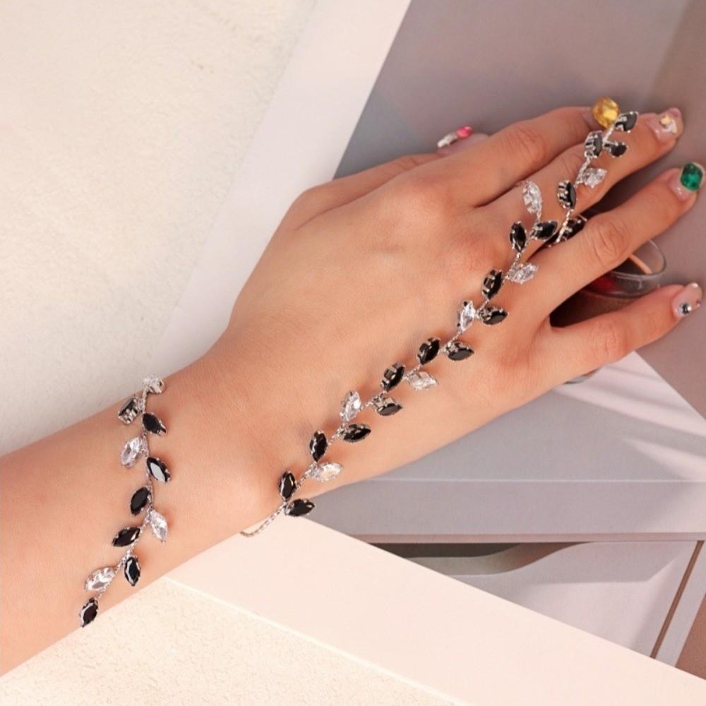 Simple Elegant Fashionable Luxury Bracelet Rhinestones Adjustable Leaf Cubic Zircon Hand Palm Bracelet Hand Piece Jewelry