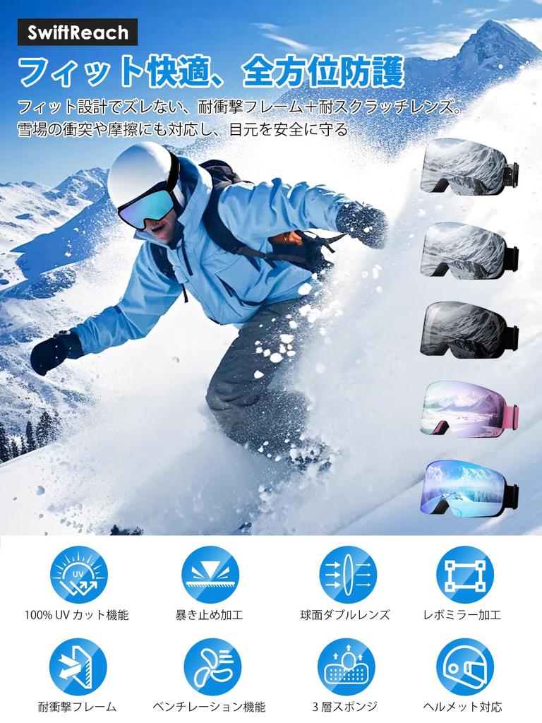 SwiftReach Goggles Glasses Field of Double Ventilated Helmet Lightweight UV Windproof and Unisex Frame with Blue [Christmas Gift] Hiking/Skiing