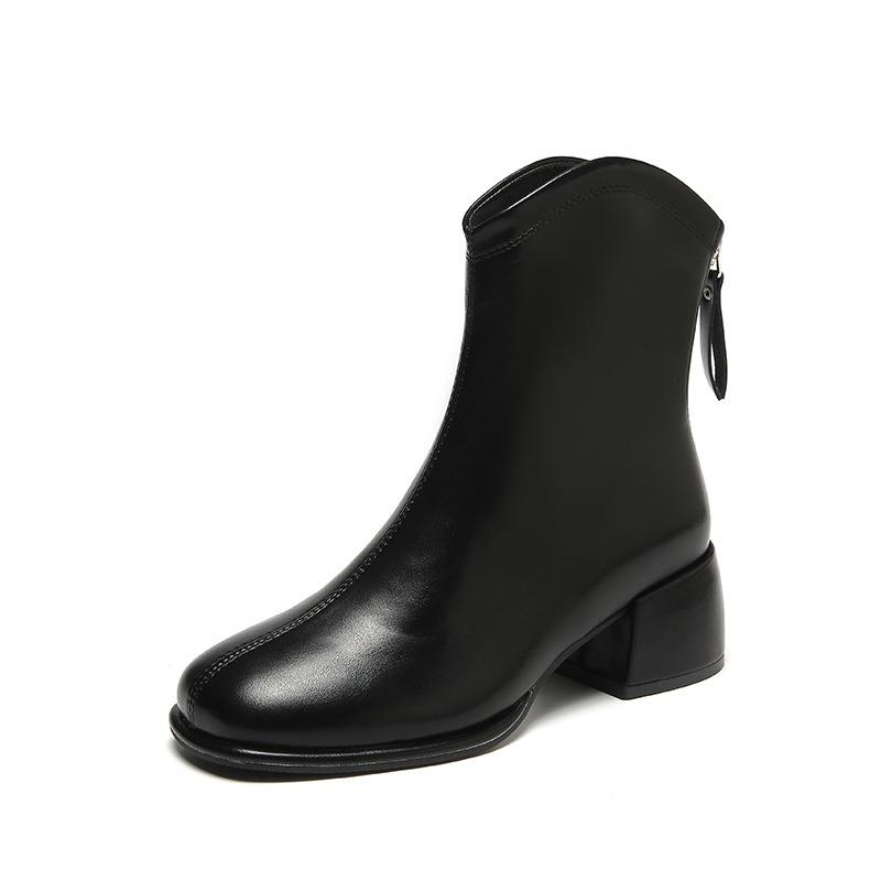 V-neck Short Boots for Women, Thick Heel, Square Toe, Back Zipper, Big Boots