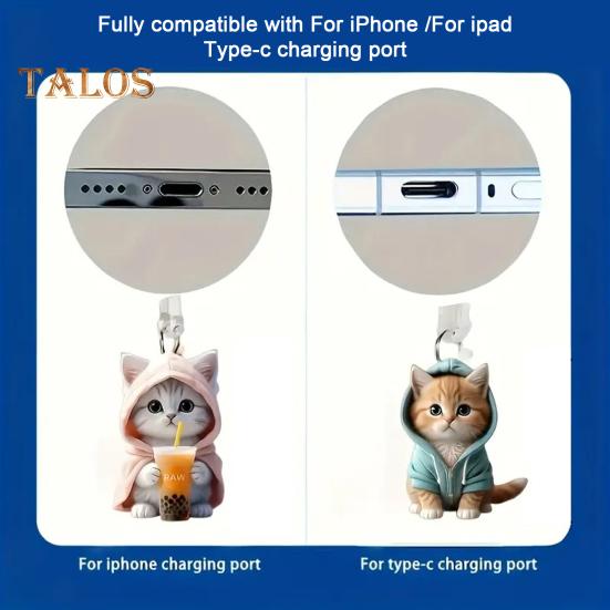 2D Acrylic Dust Plugs Charging Port Protector with Cat Pendant Small Size Universal Easy To Install Mobile Phone Interface Dust Covers
